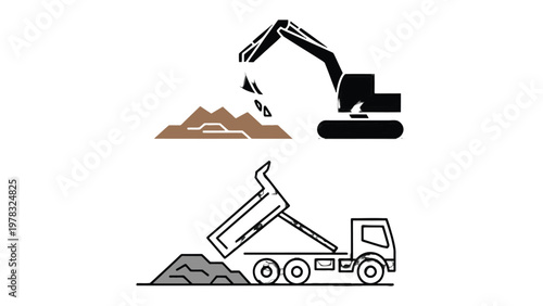 Construction Site Activity: An illustration showcasing the operational dynamics of an excavator and a dump truck engaged in earthmoving activities on a construction site.