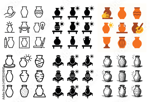 Clay art icons with vase urn pot stylized