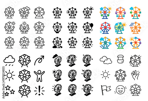 Amusement icons with ferris wheel sun colorful