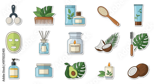 Relaxing collection of spa and beauty themed stickers including essential oils, candles, facial masks, and natural ingredients.