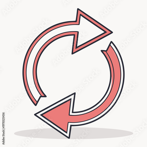 Two large, opposing arrows form a circular motion, rendered in red with black outlines and a light gray background, representing a continuous cycle, exchange, or reciprocal action.