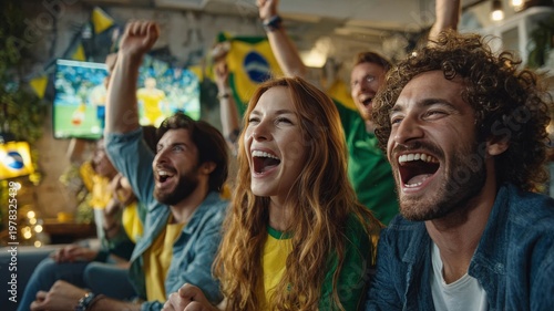 Excited Brazilian football fans cheering and celebrating a goal while watching a match on TV