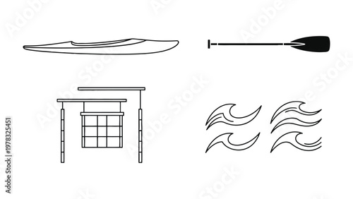 Kayaking equipment icon illustration: Minimalist line art featuring a kayak, paddle, a structure and wave symbol, perfect for depicting a water sport theme.