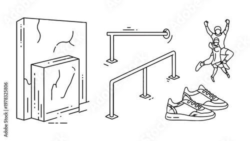 Urban Sports Elements: Line art of urban elements for skateboarding, parkour, and street sports, featuring rails, blocks, a wall, and a pair of shoes.