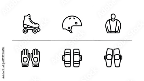 Roller skating equipment Icon Set: A collection of essential roller skating equipment in a clean, modern style, perfect for illustrating the sport and safety.