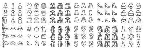 Fashion icons with dress scarf earring lineart