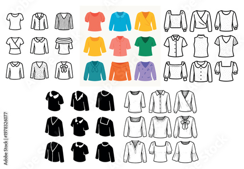 Fashion icons with tops and blouses colorful