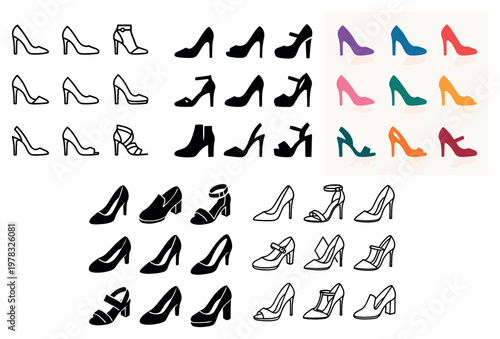 Footwear icons with pump stiletto heel flat