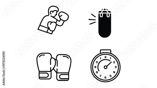 Boxing Icons: A collection of four essential boxing elements: a boxer in action, a punching bag, a pair of boxing gloves, and a stopwatch, perfectly encapsulating the sport's core components.