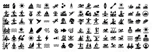 Coastal icons with paddleboard kayak swimmer glyph