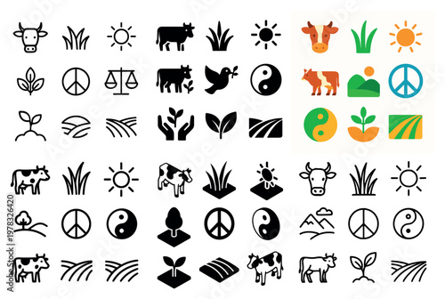 Farming icons with cow dove plant minimal