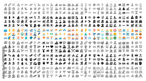 Beach icons with boat swimmer lifebuoy flat