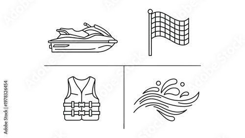 Jetski Elements: A line art representation of jet ski, checkered flag, life vest, and water splash, evoking a sense of aquatic fun and adventure.