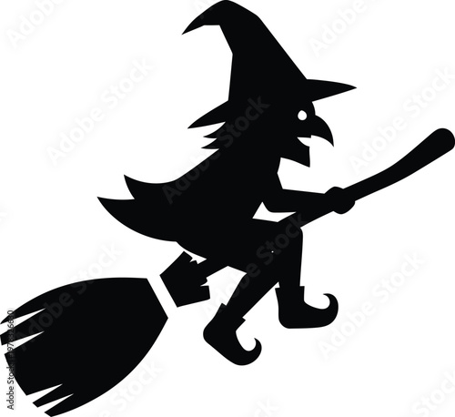 Silhouette witch flying on broomstick with pointy hat and cloak vector illustration