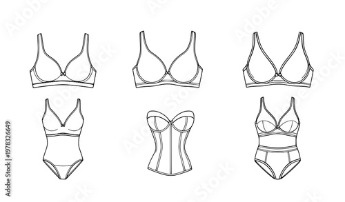 Vector outline icon set of female lingerie types on white background