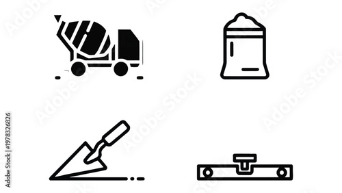 Construction Elements: A minimalist set of construction icons, including a cement mixer, a bag of cement, a trowel, and a level, neatly arranged to represent the tools of the trade. 
