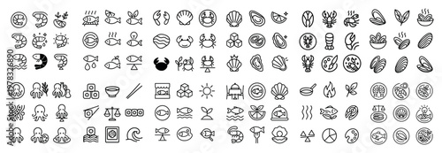 Seafood icons with shell fish crab outline