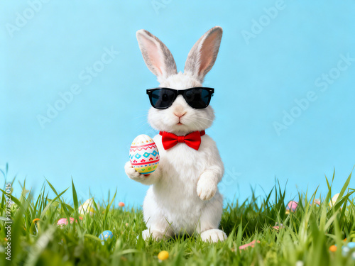 Easter long banner: cool bunny wearing sunglasses and striped bow tie, presenting colorful patterned egg, isolated blue background