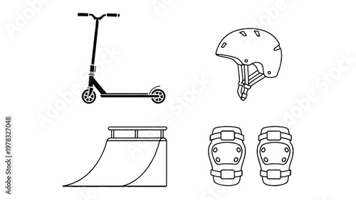 Scooter Gear: A monochrome illustration showcases essential scooter gear, including a sleek scooter, protective helmet, knee pads, and a ramp, emphasizing safety and equipment.