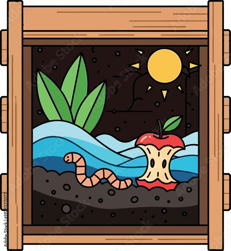 A wooden compost bin is filled with soil, a worm, an apple core, and green leaves, under a bright sun and water elements, illustrating the natural process of decomposition and creating fertile soil.