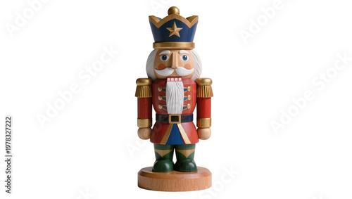 Foto Wooden nutcracker soldier with blue crown and red uniform, isolated on transpare
