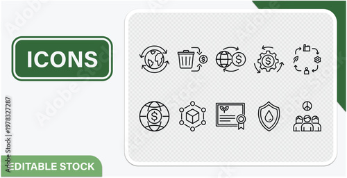Set of line icons representing sustainability, circular economy, global finance, and environmental protection