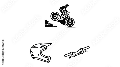 Mountain Biking Essentials: An illustration of a mountain biker conquering a terrain alongside gear that highlight the adventure and sport.