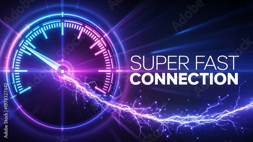 Super fast connection concept with glowing speedometer and lightning representing high speed internet technology