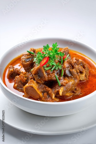 Hearty lamb curry with fresh herbs and chili garnish in a white bowl