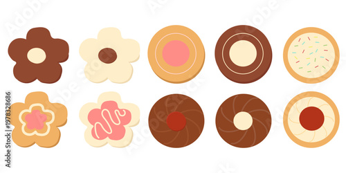 Set of decorated sugar cookies in different shapes with icing details. Includes round and flower-shaped biscuits in soft pastel colors.