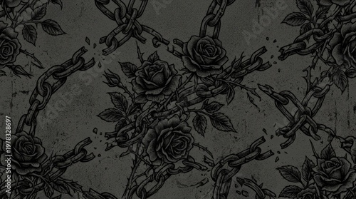 Broken chains intertwined with roses in a distressed monochrome seamless pattern, gritty stipple texture, dark romantic gothic mood with raw punk elegance, ultra-realistic, no logos.