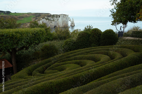 Etretat, France. Tourist attraction, view of white cliffs from Etretat Gardens
