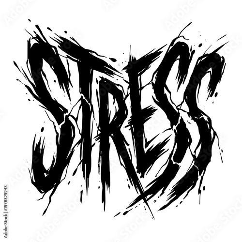 Stress word in rough grunge lettering isolated on white background, no background. Concept of mental pressure, anxiety, and emotional overload expression.