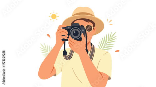 Close Up Person Taking Photo with Camera Summer Lifestyle Flat Vector Illustration