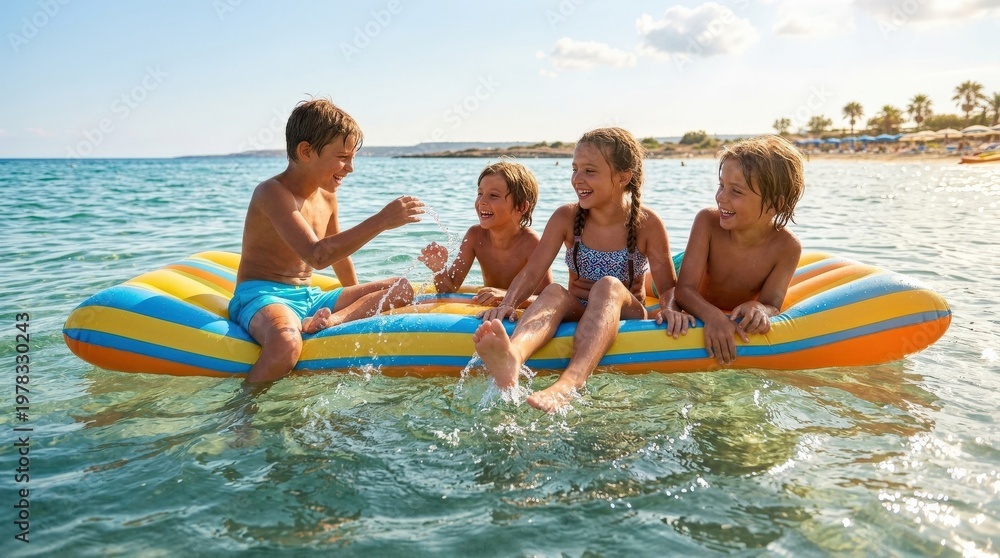 Obraz premium Happy tanned kids floating on an inflatable mattress in the ocean, sparkling summer water, playful movement and carefree vacation joy, ultra-realistic, no logos.