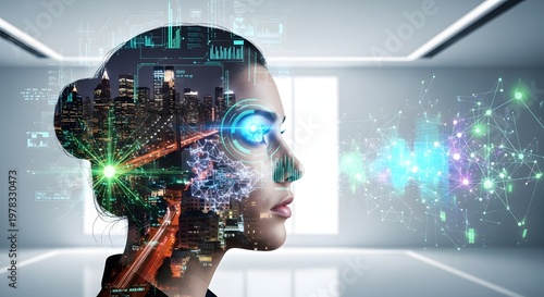 Futuristic AI Concept: Woman with Digital Interface, Cityscape Overlay, and Neural Network