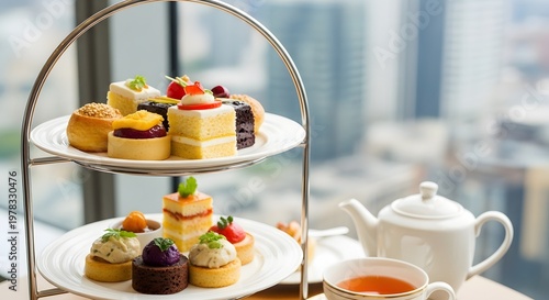 Elegant Afternoon Tea Set with Desserts and Tea