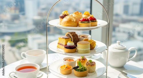 Elegant Afternoon Tea Set with Mini Desserts and City View