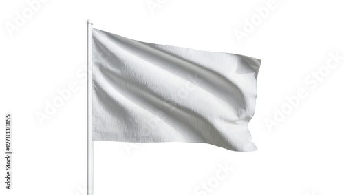 Waving white fabric flag on a pole, isolated on transparent background