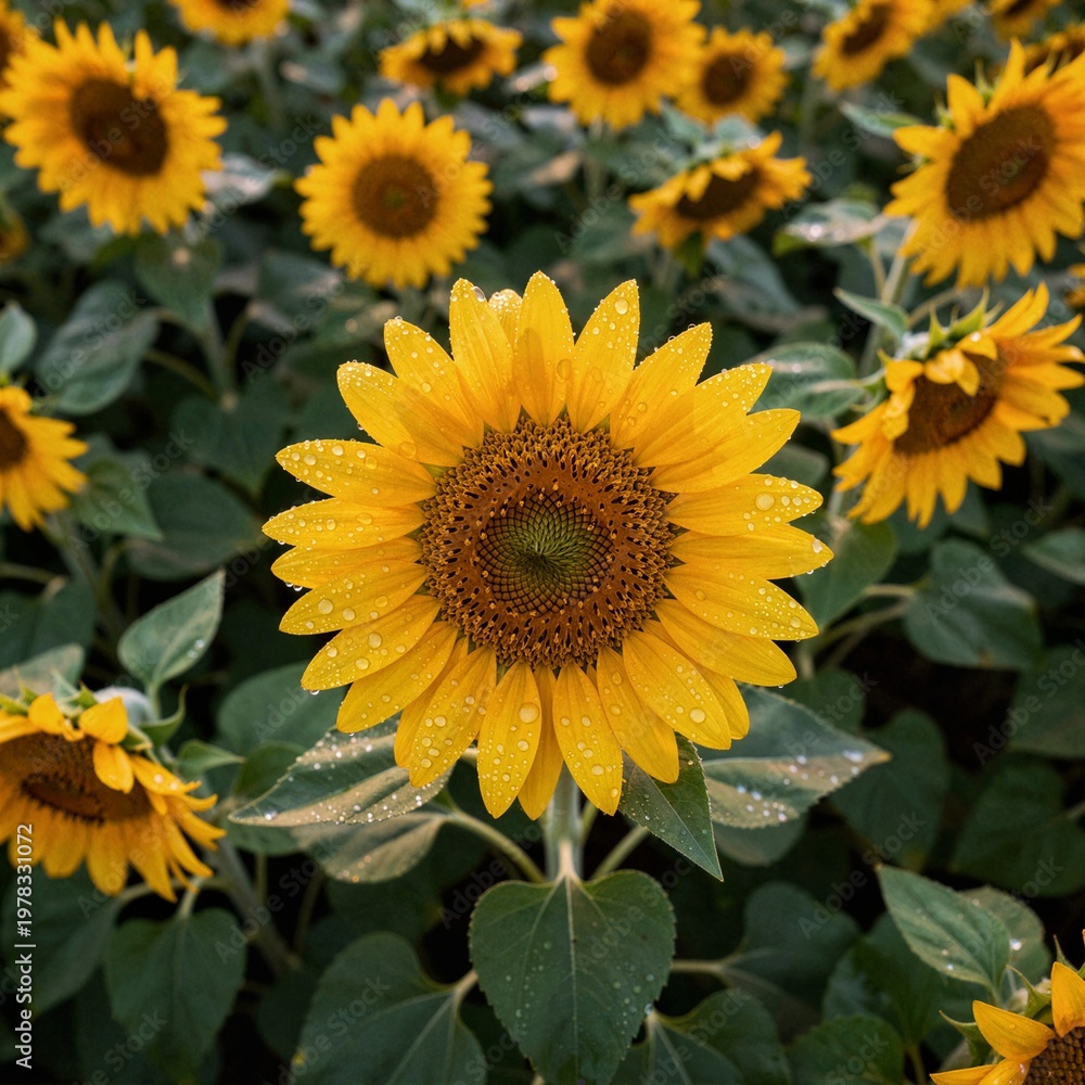 Fototapeta premium A stunning yellow sunflower covered in morning dew droplets stands out in a vibrant field of blooming sunflowers under soft natural light.