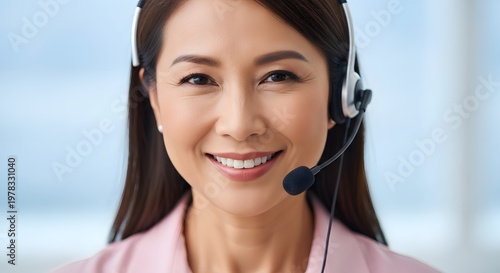 Smiling Asian Woman with Headset - Customer Service Representative