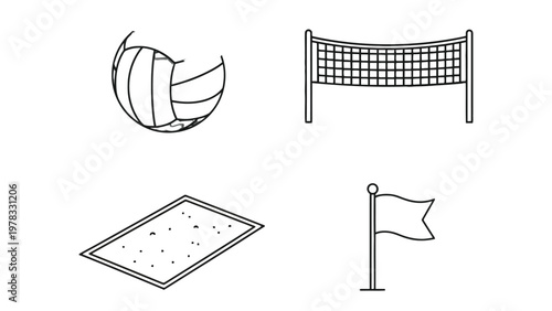Volleyball Essentials: An array of key elements essential to the sport of volleyball, including a ball, net, court, and flag, providing a comprehensive overview of the necessary components.