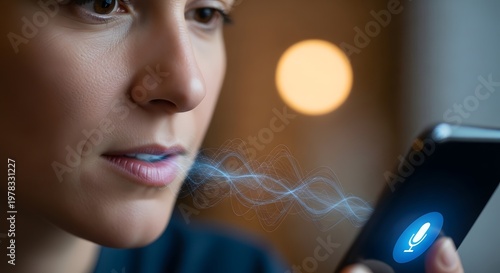 Woman using voice assistant on smartphone, digital audio waves