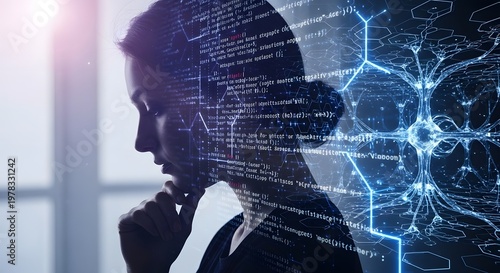 Woman Thinking with Data Overlay - AI, Big Data, Technology Concept