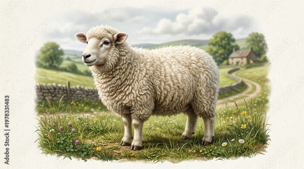 Fototapeta premium A sheep icon illustration with soft wool-like contour and simple pastoral charm, ultra-realistic, no logos.
