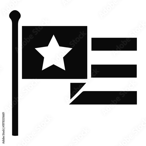 A stylized graphic representation of the American flag, featuring a prominent star and horizontal stripes, rendered in a bold, black silhouette style