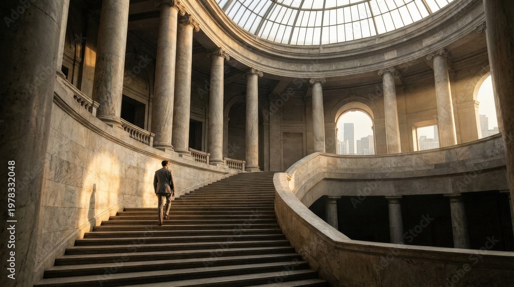 Obraz premium A man walking atop a grand staircase with columns and radiant light, monumental architecture, vast scale and a majestic atmosphere of corporate vision and achievement, ultra-realistic, no logos.