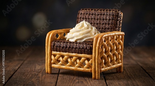 Miniature chair made of cookie with whipped cream on top  