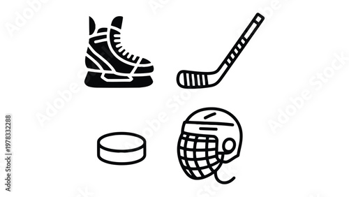 Hockey Essentials: a symbolic representation of the fundamental equipment required to engage in the fast-paced sport. featuring skates, a hockey stick, a puck, and a helmet.