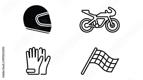Motorcycle Gear Icon Set: A collection of motorcycle racing essentials displayed in a crisp, clean aesthetic, ideal for designers, bloggers and enthusiasts alike. 